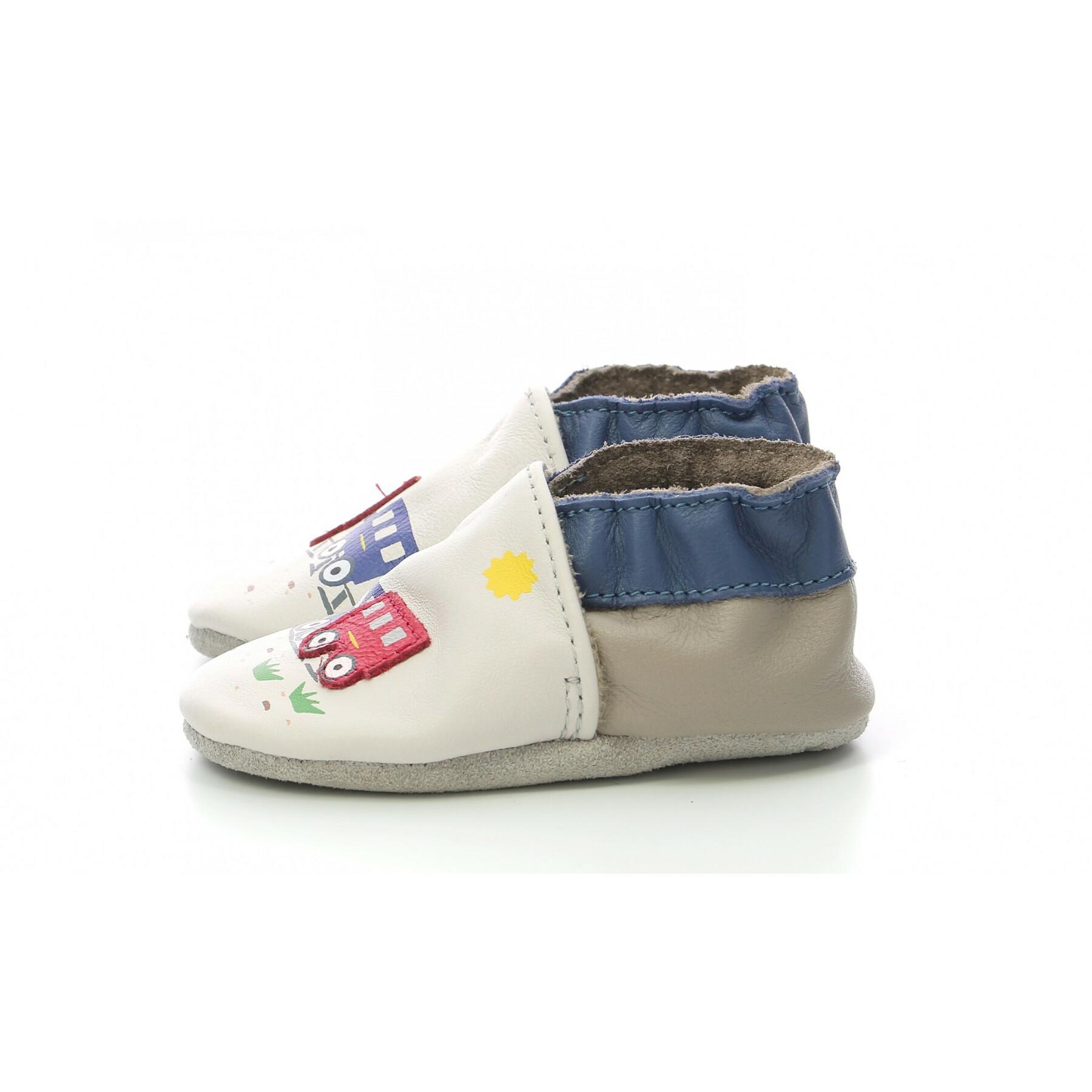 Chaussons cuir Robeez Funny Train beige gris