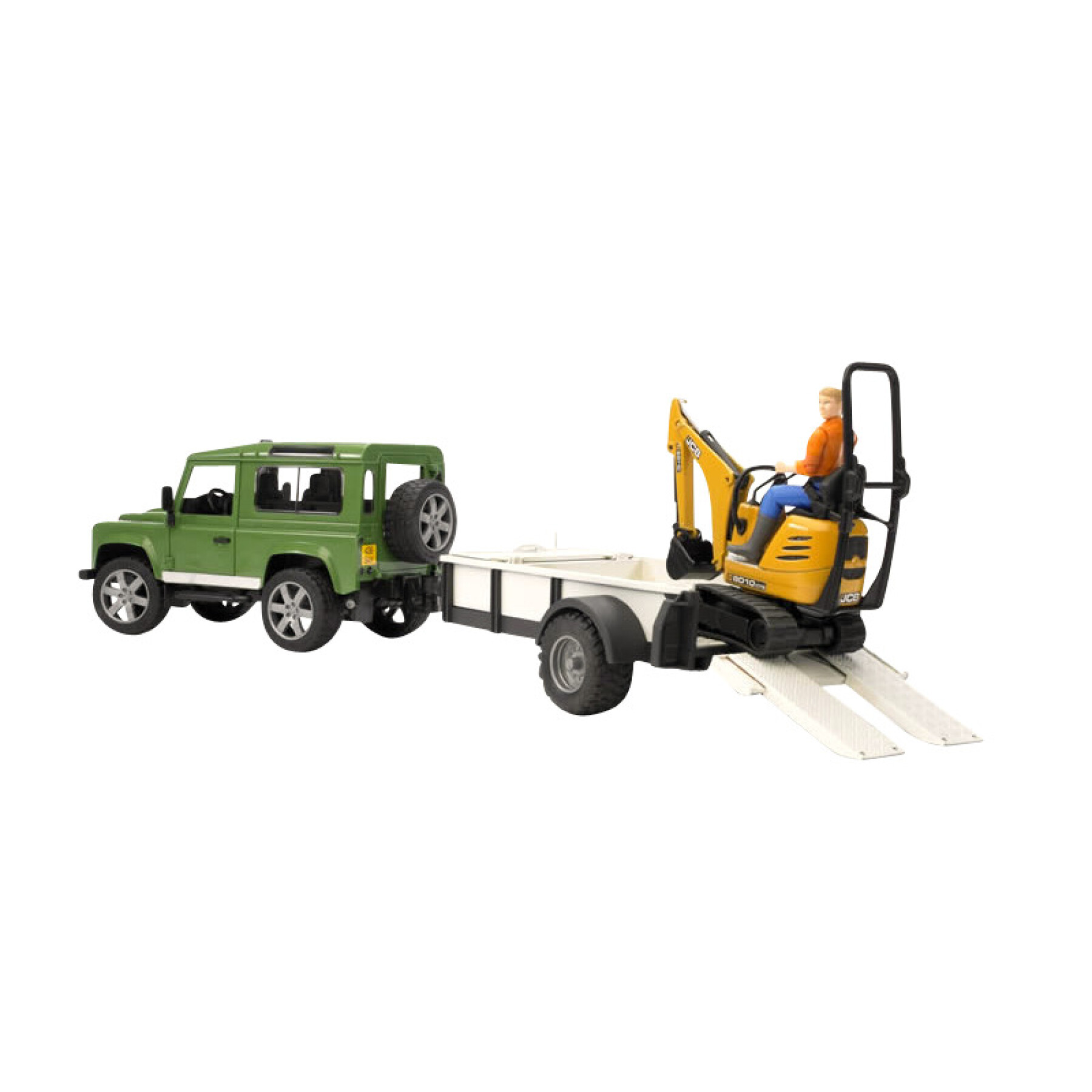 Car games - land rover defender with trailer, mini digger and construction man Bruder