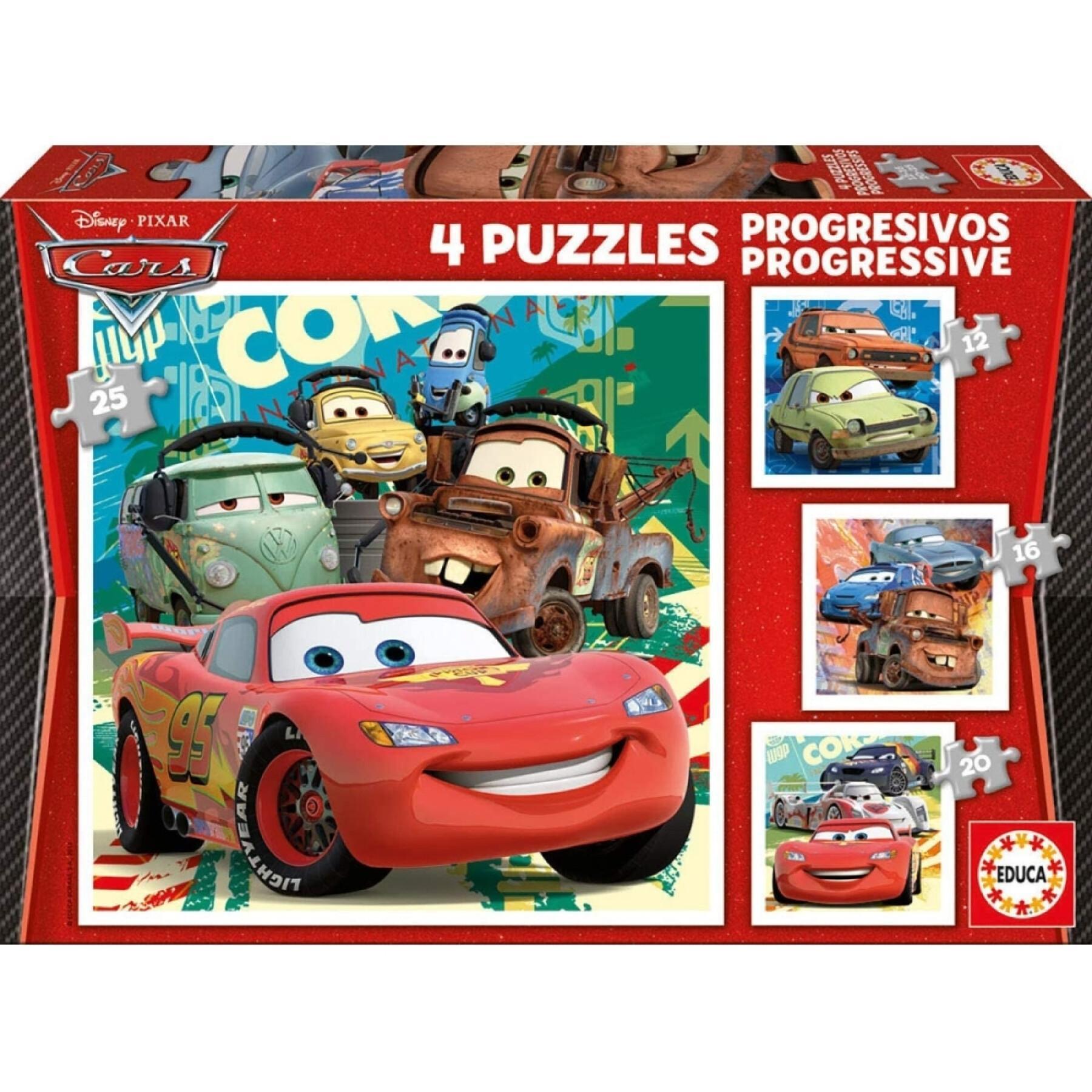 4 in 1 puzzle with 12 to 25 progressive pieces Educa Cars