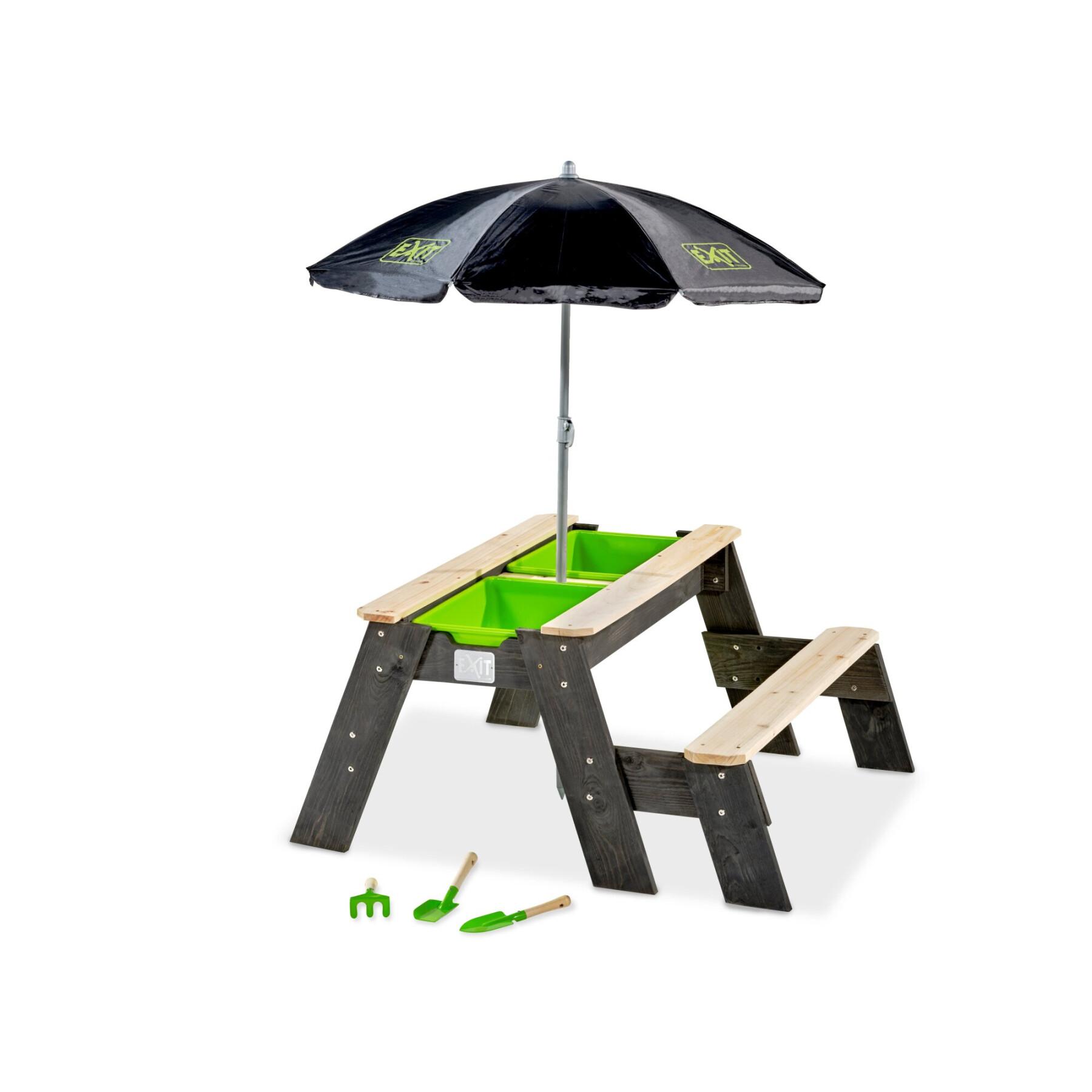 Sand and water activity table, and picnic table (1 bench) with umbrella and gardening tools Exit Toys Aksent