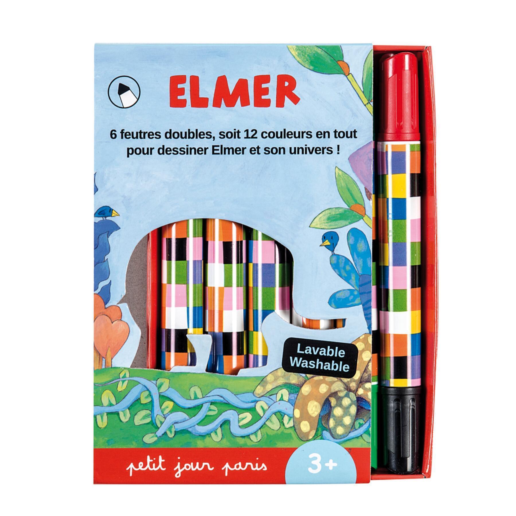 Box of 6 double-tipped markers in two colors Petit Jour Elmer
