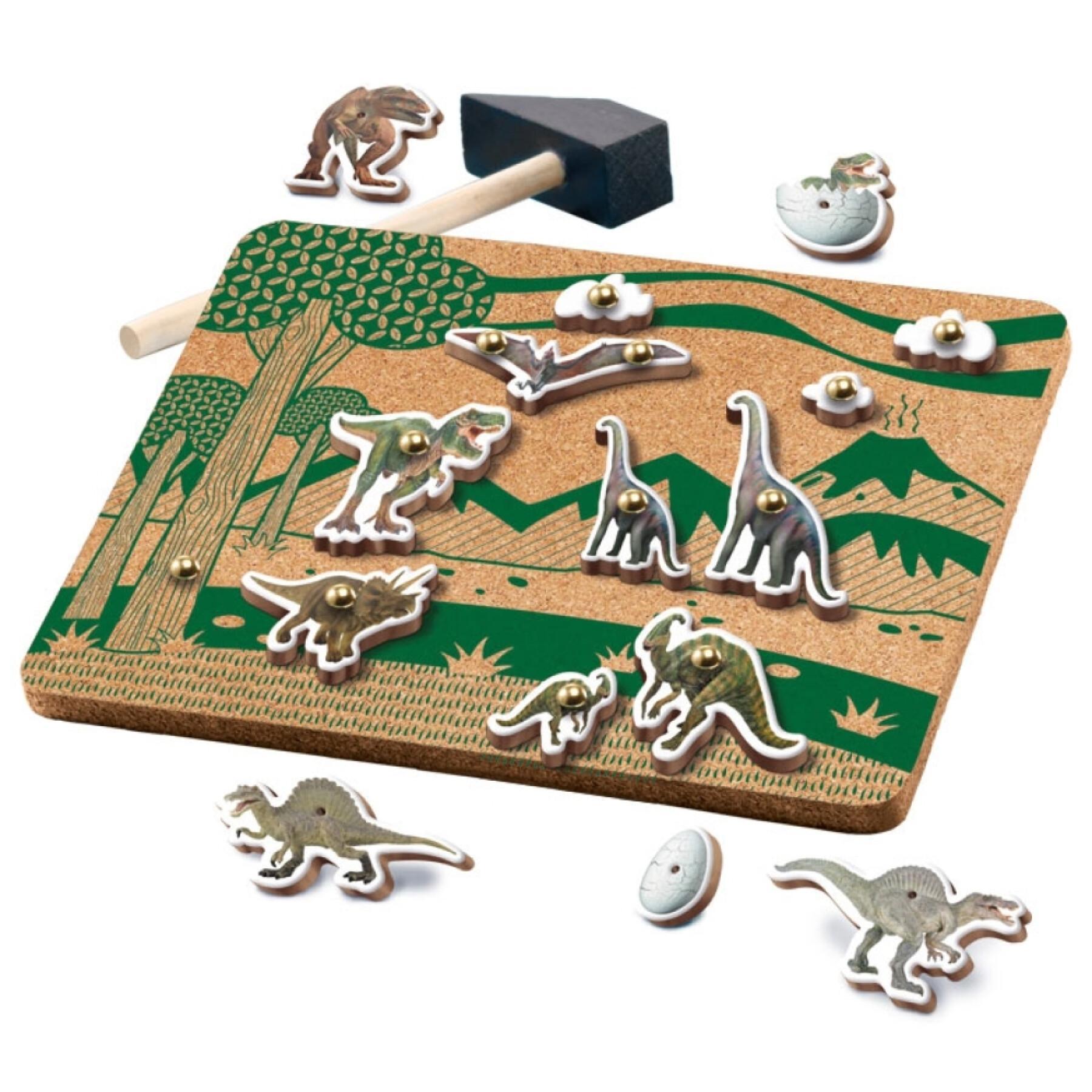 Carpenter's apprentice game with dinosaur figurines + cork plate printed on two sides Totum Dino Forever